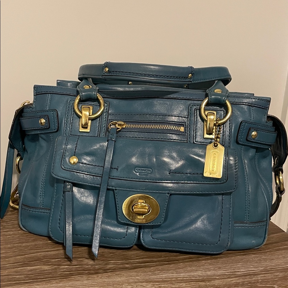 Coach Hampton Lindsay Satchel F12475 Teal Medium Size Structured Pockets Galore - Picture 4 of 16
